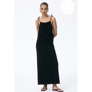 HM Women Black Smocked Crinkled Dress Spaghetti Tie Straps Long Boho Casual M
